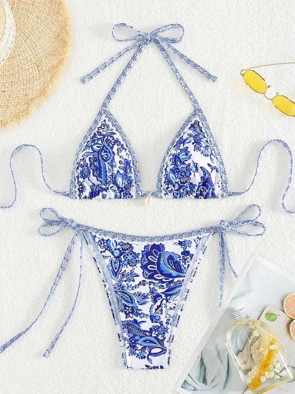 BRAND NEW Blue and white porcelain pattern bikini with shell charm